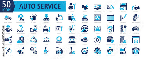 Auto Services Icon Set Color Fill with mechanic, car diagnostics, painting, repair shop, and roadside assistance
