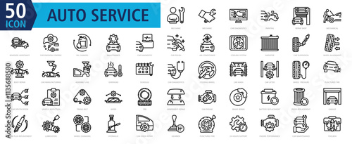 Auto Services Icon Set Outline with mechanic, car diagnostics, painting, repair shop, and roadside assistance