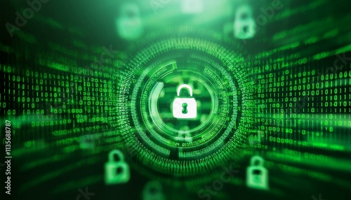 Cybersecurity: A digital realm, a glowing green matrix, and a central, prominent padlock symbolize the paramount importance of online security. photo