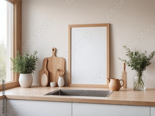 Minimalist Scandinavian kitchen interior with a light wood DIN A4 vertical blank frame on a white countertop photo