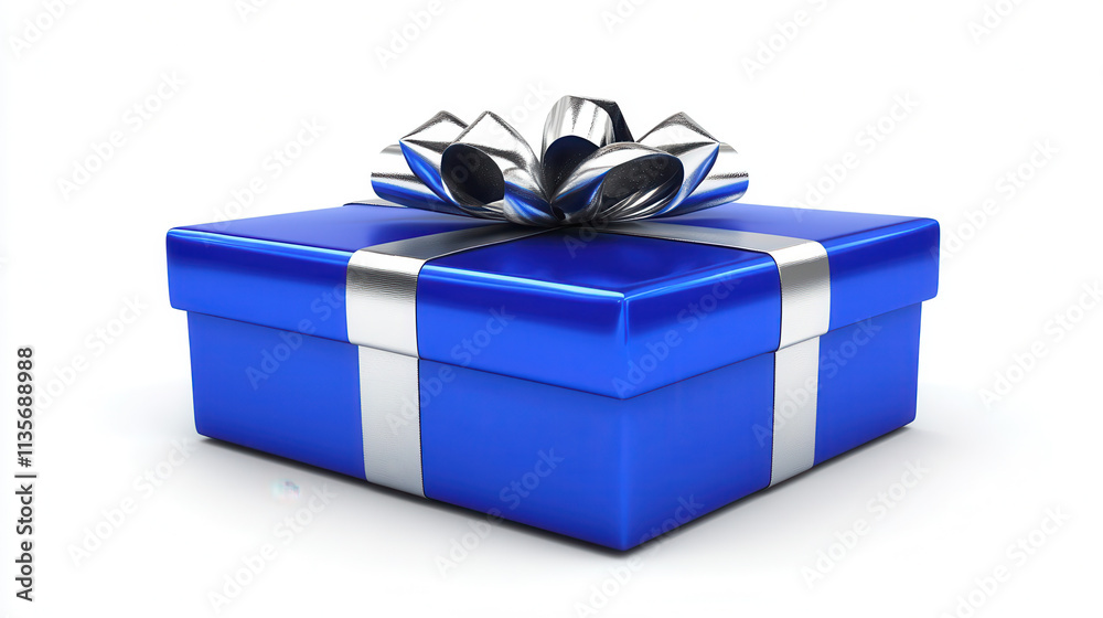 A perfectly isolated 3D-rendered gift box with a glossy finish, wrapped in vibrant sapphire blue paper with a luxurious silver bow on top, placed against a pure white background. Ultra-detailed edges A perfectly isolated 3D-rendered gift box with a glossy finish, wrapped in vibrant sapphire blue paper with a luxurious silver bow on top, placed against a pure white background. Ultra-detailed edges