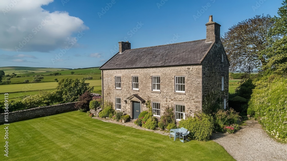 A charming stone house surrounded by lush greenery and a clear blue sky. A charming stone house surrounded by lush greenery and a clear blue sky.