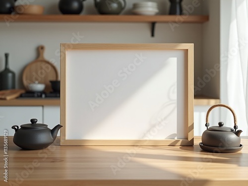 Scandinavian kitchen with a DIN A4 light wood frame mockup