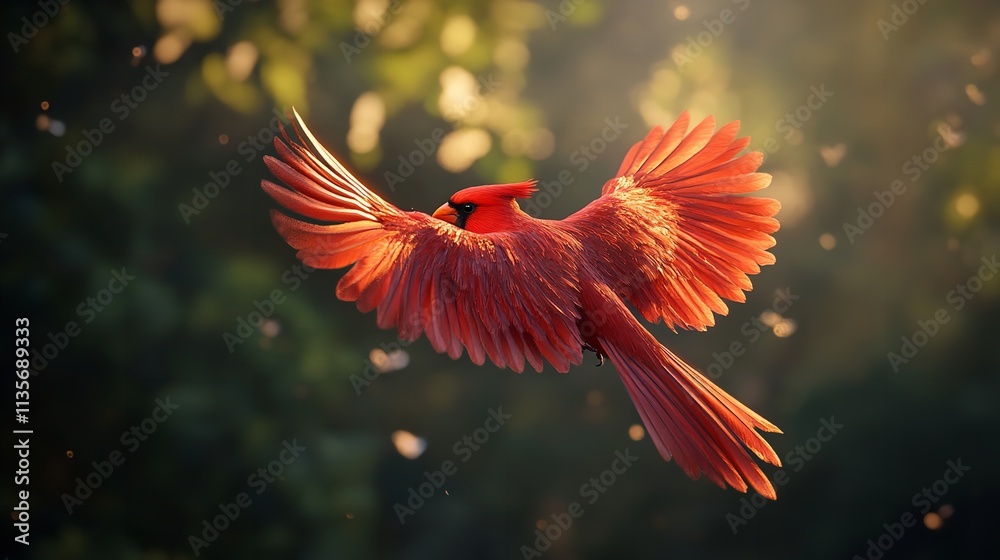 Red cardinal bird in flight close-up against the backdrop of a spruce fir forest Red cardinal bird in flight close-up against the backdrop of a spruce fir forest