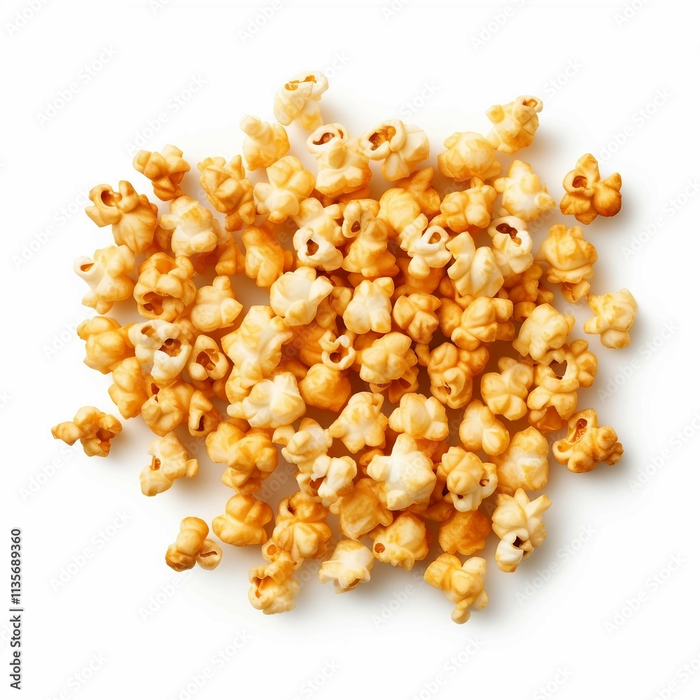 Caramel popcorn , Isolated white background, flat lay Caramel popcorn , Isolated white background, flat lay