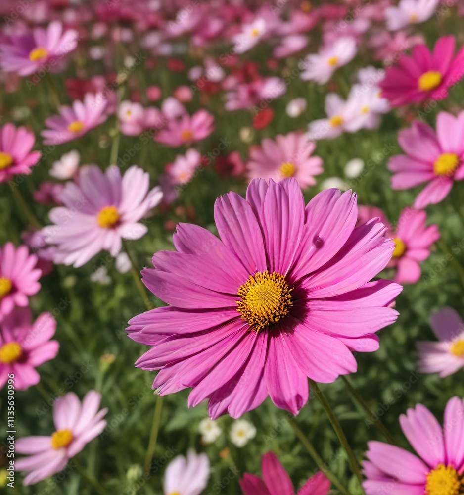 Obraz premium Close-up of a pink cosmos flower in a field of colorful blooms, summer, flora