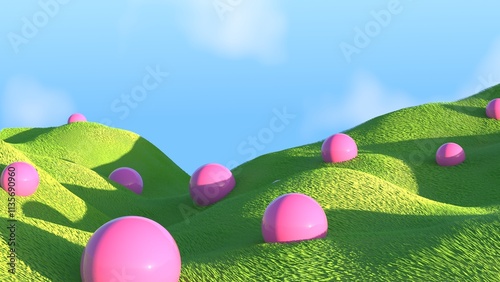 liminal dreamscape fantasy grass field abstract pink spheres 3d illustration. Mysterious introspection surrealist space, peaceful loneliness contemporary art