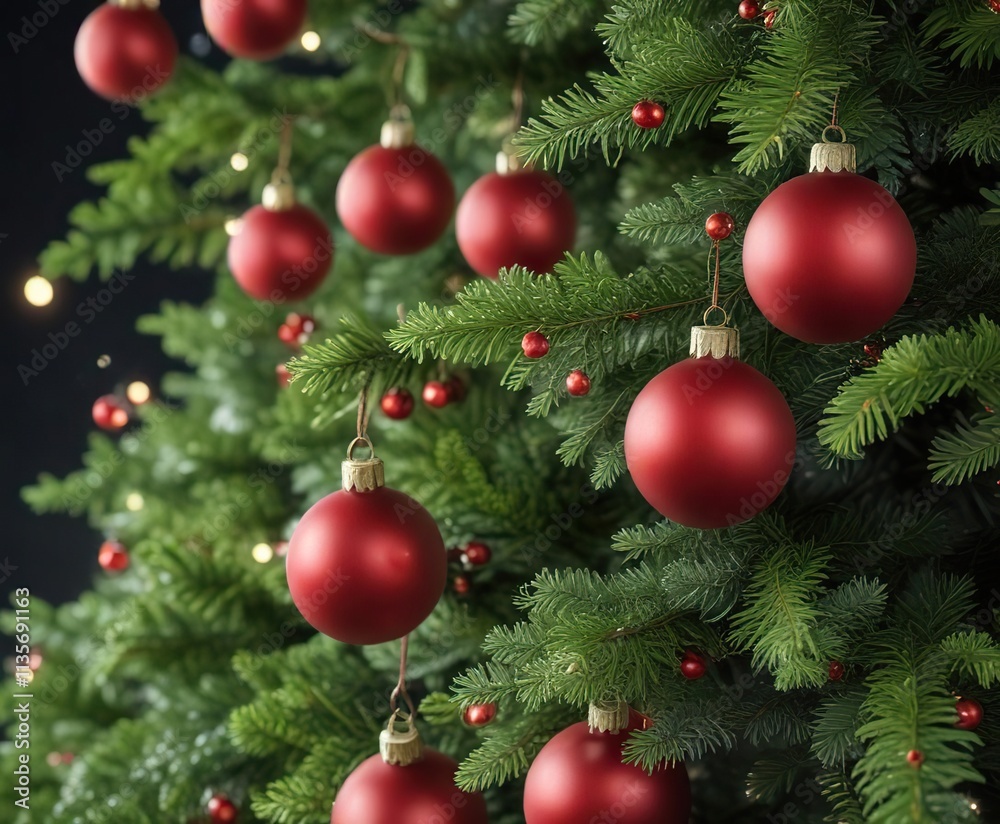 Close-up of evergreen tree with red baubles and glittering stars, winter, shiny ornaments Close-up of evergreen tree with red baubles and glittering stars, winter, shiny ornaments