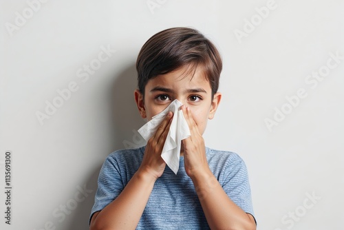 Child Holding Tissue to Nose on White Background Depicting Cold and Allergy Symptoms