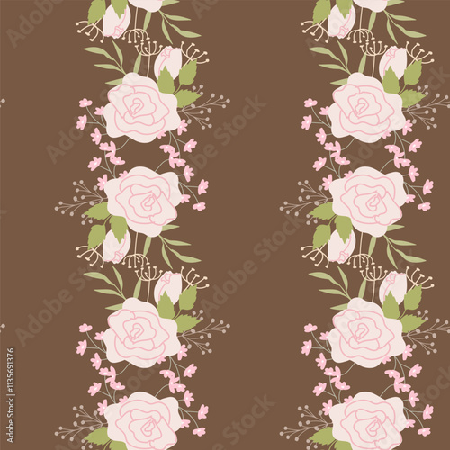 Seamless floral pattern with pink roses and green leaves on brown background.