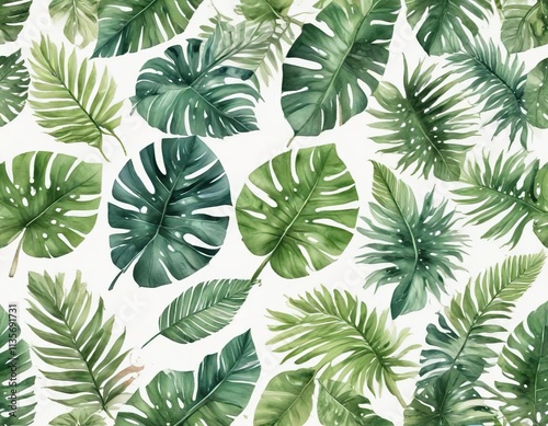 Collection of hand-painted tropical watercolor leaf elements, plant, artwork, decoration