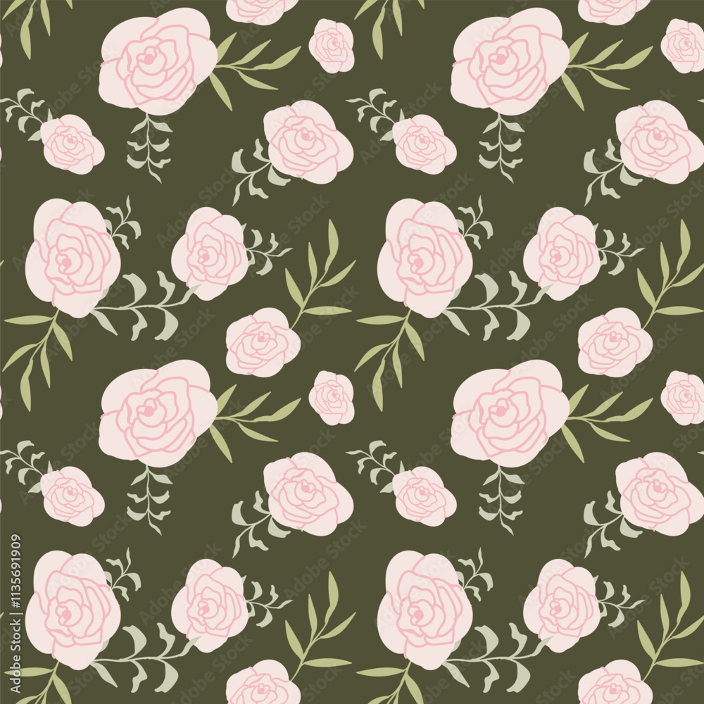 Seamless pattern of pink roses with green leaves on olive background. Seamless pattern of pink roses with green leaves on olive background.