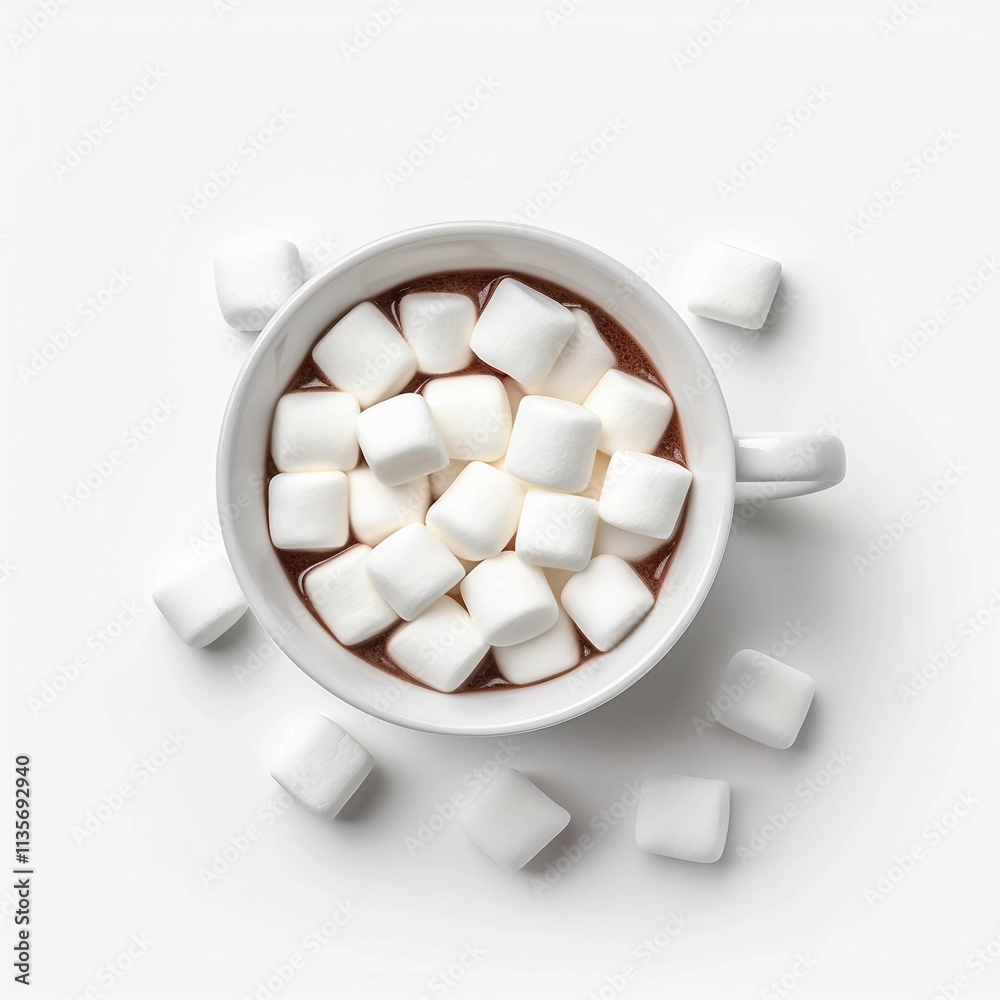 cup of marshmallows in hot cocoa, Isolated white background, flat lay cup of marshmallows in hot cocoa, Isolated white background, flat lay