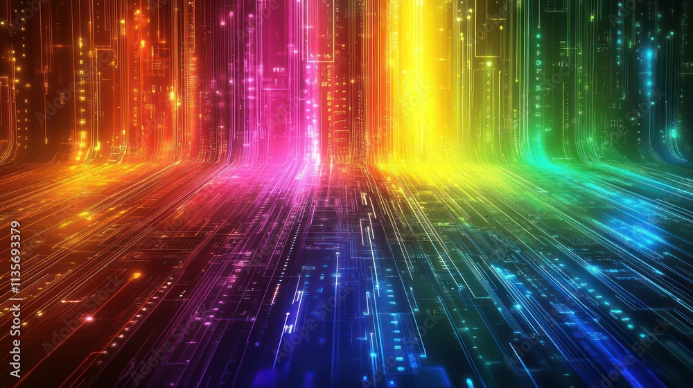 Colorful background of technological abstract circuits with cascading digital light layers in rainbow gradient wallpaper AI generated image Colorful background of technological abstract circuits with cascading digital light layers in rainbow gradient wallpaper AI generated image