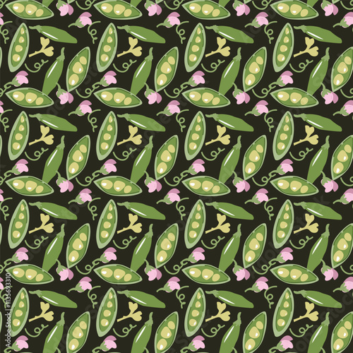 Seamless pattern of green peas and flowers on dark background.