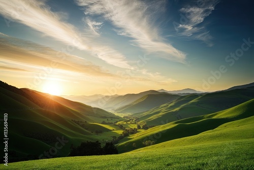 Tranquil Green Valley Landscape Silhouette Art