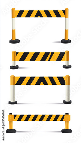 set of yellow and black striped safety barriers against a white background photo