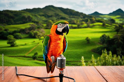 Vibrant Orange Parrot on Microphone in Lush Green Landscape photo