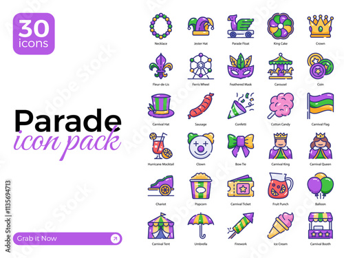 Set of 30 Parade Icons, Including Balloon, Carnival Booth, Clown, and More – Vector Illustrations