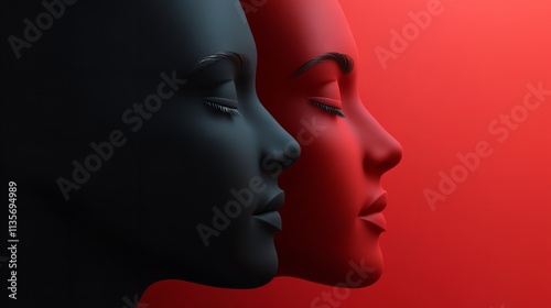 Artistic image capturing two overlapping profiles with dual-toned red and blue contrasts, symbolizing duality and complexity of human emotions.