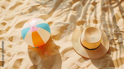 A beach ball and a sunhat on a sandy beach.