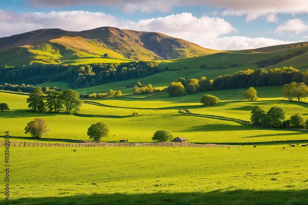 Obraz premium Lush Green Landscape with Sunny Fields and Picturesque Terrain