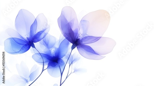 Three translucent blue flowers on white background.