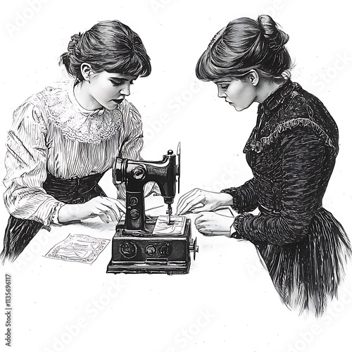 Two Women Concentratedly Working Together on a Vintage Sewing Machine, Black and White Illustration. photo