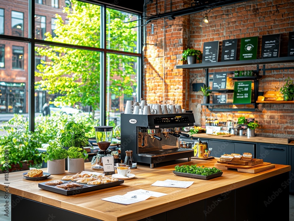 Modern Coffee Shop Interior with Espresso Machine and Pastries. Modern Coffee Shop Interior with Espresso Machine and Pastries.