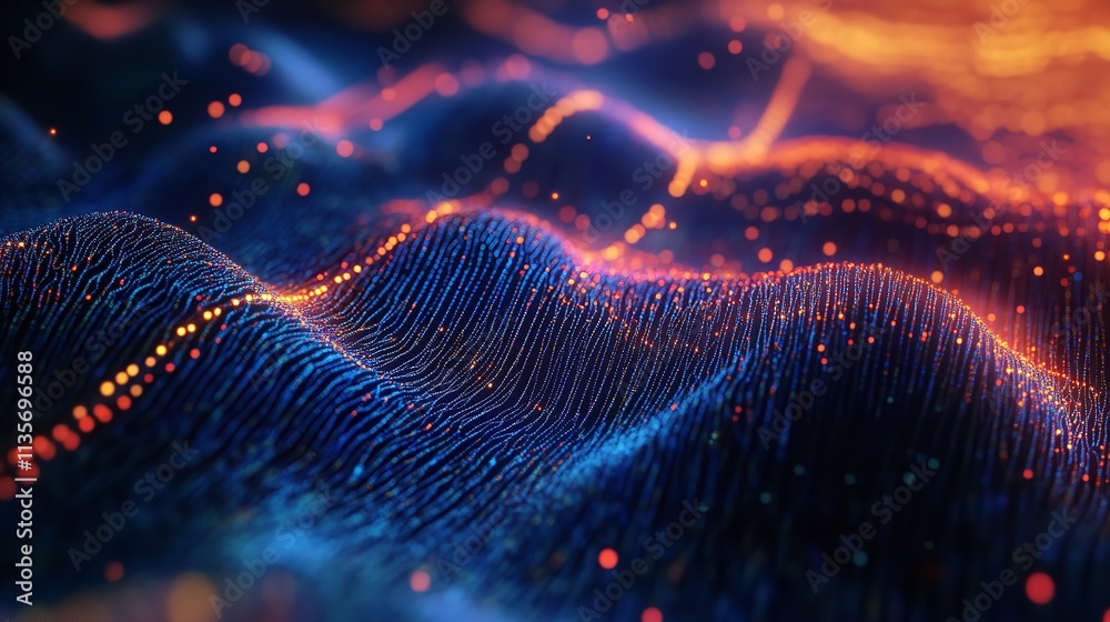 3D render of an abstract glowing digital background with neon blue and orange waves, a complex grid pattern and bokeh lights.