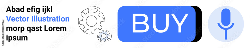Blue BUY button, text block, two gear icons, microphone symbol. Ideal for e-commerce, digital marketing, online shopping, customer service, technology integration, user interaction, modern web Blue BUY button, text block, two gear icons, microphone symbol. Ideal for e-commerce, digital marketing, online shopping, customer service, technology integration, user interaction, modern web