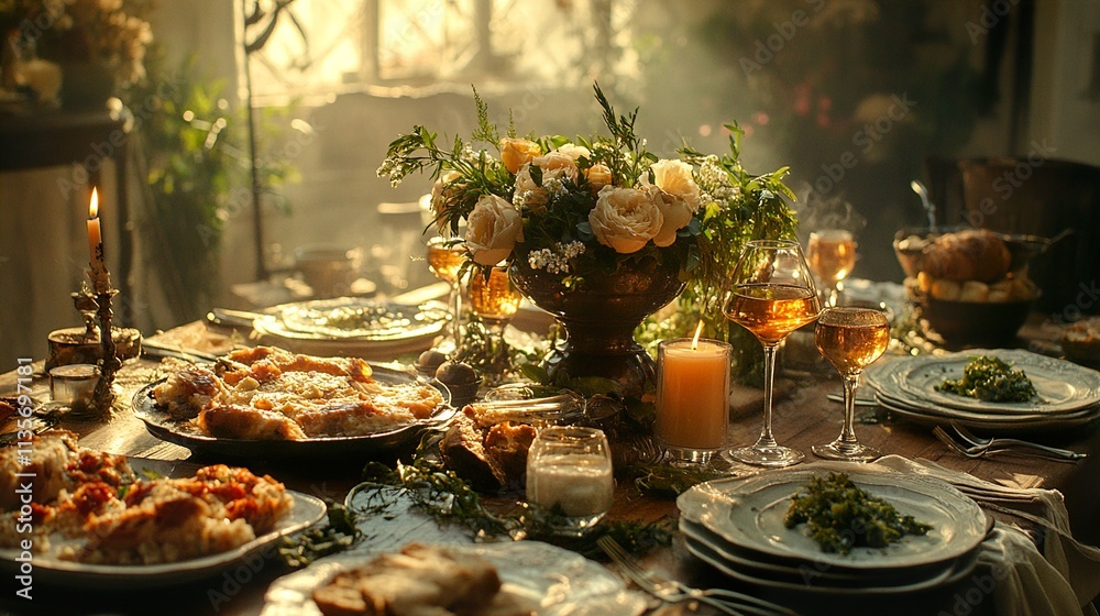 Fototapeta premium Rustic Candlelit Dinner: A Delicious & Cozy Meal