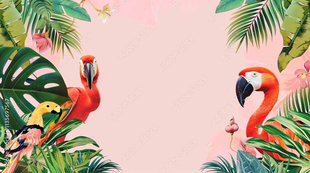 Fototapeta A tropical background with flamingos and parrots and lush green leaves.
