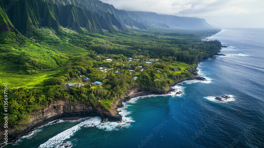 Aerial View of Lush Tropical Greenery and Cliffs Along a Rugged Coastline Aerial View of Lush Tropical Greenery and Cliffs Along a Rugged Coastline