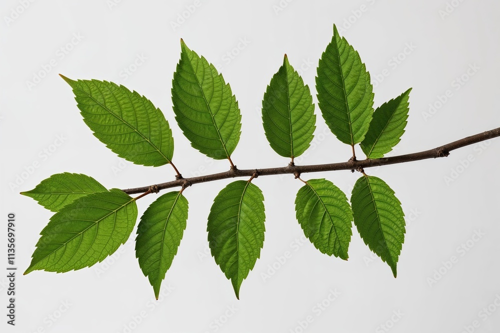 Vibrant Green Leaves on Branch Isolated Against White Background Vibrant Green Leaves on Branch Isolated Against White Background
