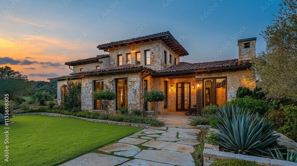 A beautiful stone house with large windows and a well-manicured lawn at sunset.