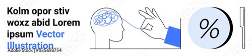 Hand unraveling tangled brain lines, a percentage symbol, and a pencil. Ideal for mental health, problem-solving, analytics, research, education, philosophy, creativity. Landing page