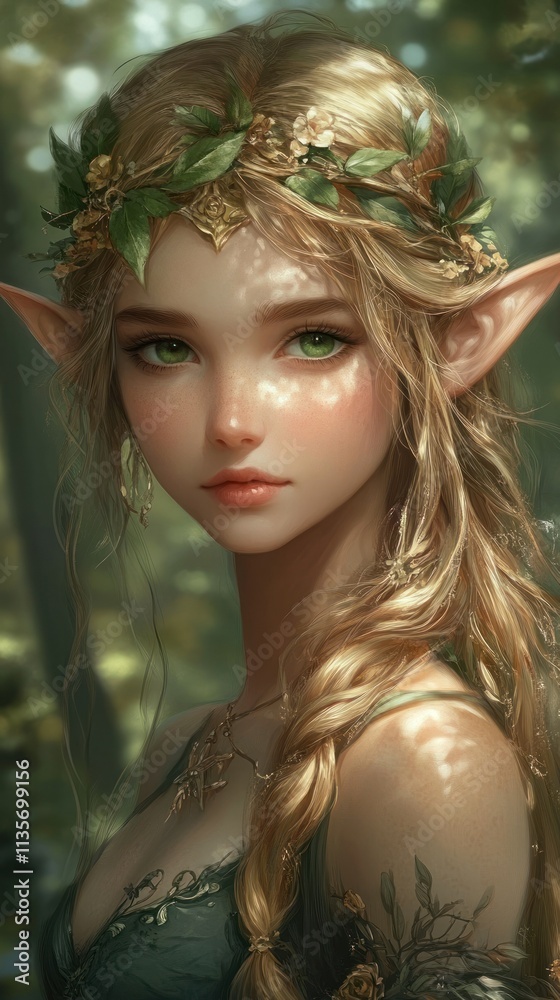 An enchanting elf princess with flowing golden hair stands in an enchanted forest wearing a crown of leaves background vertical wallpaper AI generated image An enchanting elf princess with flowing golden hair stands in an enchanted forest wearing a crown of leaves background vertical wallpaper AI generated image