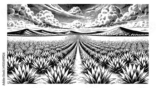 wide agave field engraving black and white outline