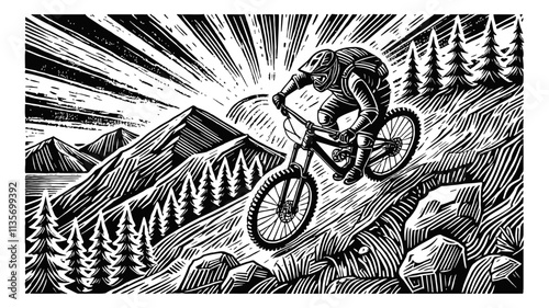 mountain biker riding downhill engraving black and white outline