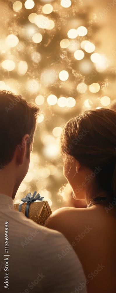 In a warm, romantic setting, a couple gazes at a beautifully lit Christmas tree, holding a gift, embodying the joy and intimacy of the holiday season. In a warm, romantic setting, a couple gazes at a beautifully lit Christmas tree, holding a gift, embodying the joy and intimacy of the holiday season.