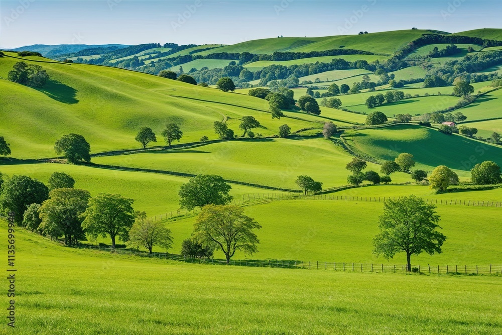 Obraz premium Lush Green Hills Scenic View with Serene Pastures and Vibrant Farmland