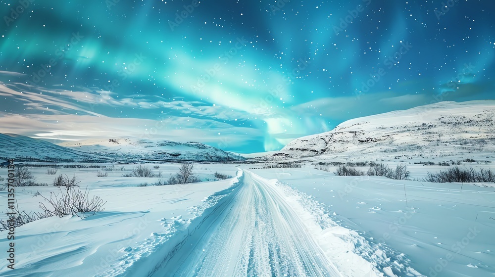 The aurora borealis glows over a snowy mountain range. The aurora borealis glows over a snowy mountain range.