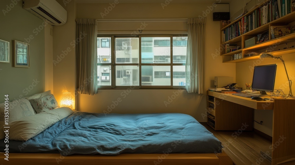 Cozy bedroom with bed, desk, and window view. Cozy bedroom with bed, desk, and window view.