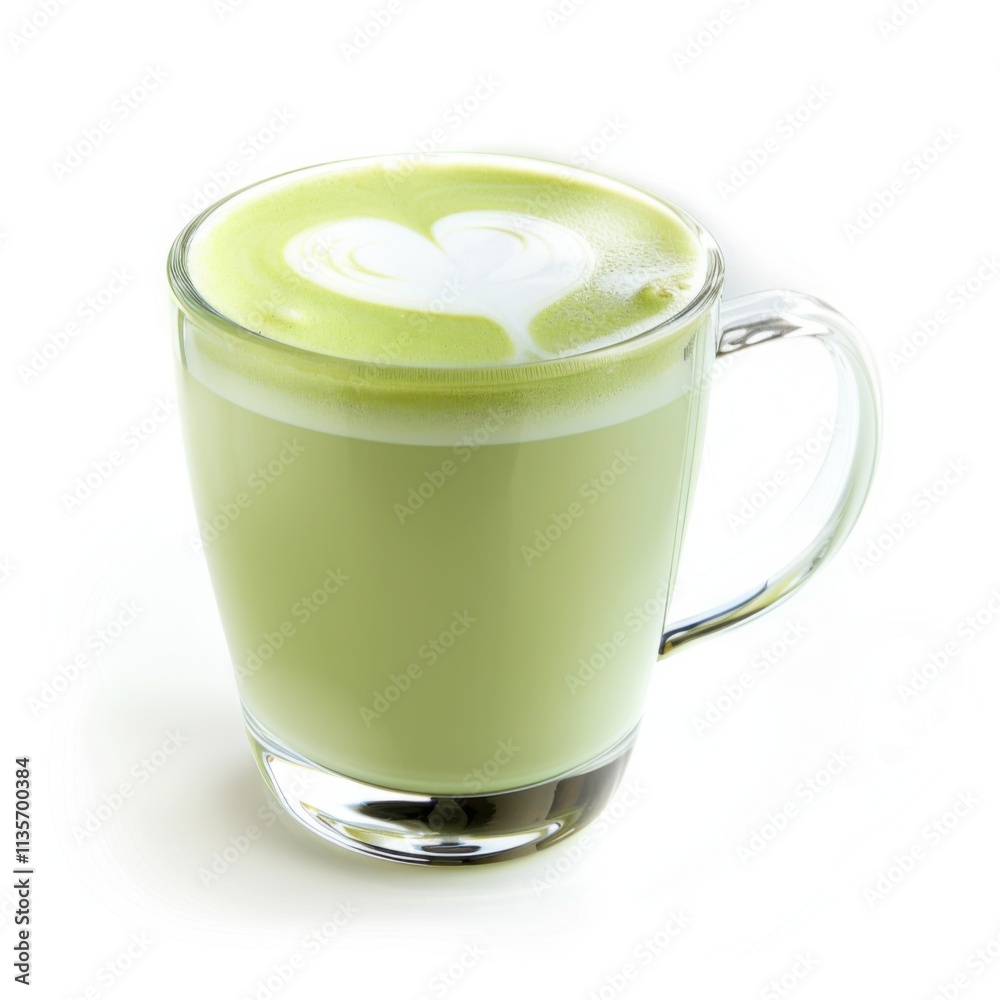 An artistic composition of a green tea latte with a heart-shaped foam art, served in a minimalist glass mug, isolated white background An artistic composition of a green tea latte with a heart-shaped foam art, served in a minimalist glass mug, isolated white background