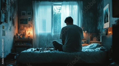 A man sits on his bed in a room surrounded by scattered mementos background wallpaper AI generated image