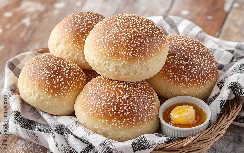 A basket of freshly baked buns with a small dish of butter and honey. A basket of freshly baked buns with a small dish of butter and honey.