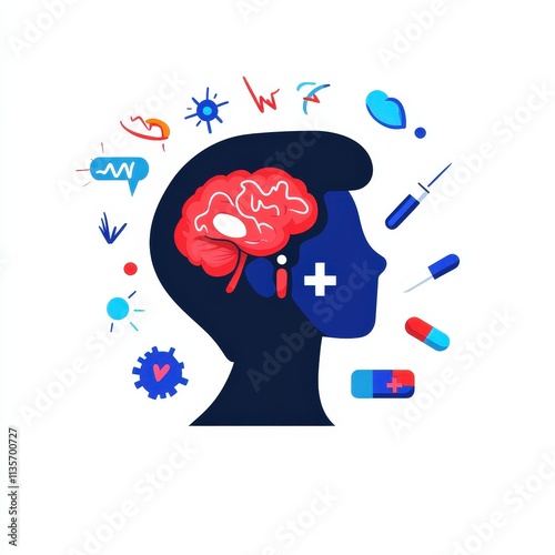 Self Diagnosis Tool Concept Featuring Human Head Brain Icons Technology Mental Health Wellness and Self Care Illustration photo