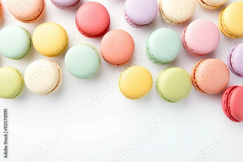  Pastel Macaroons , Isolated white background, flat lay 