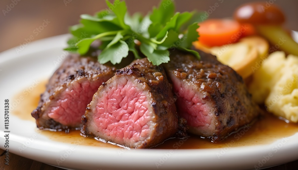 Perfectly Cooked Filet Mignon Garnished with Vegetables on White Plate Perfectly Cooked Filet Mignon Garnished with Vegetables on White Plate